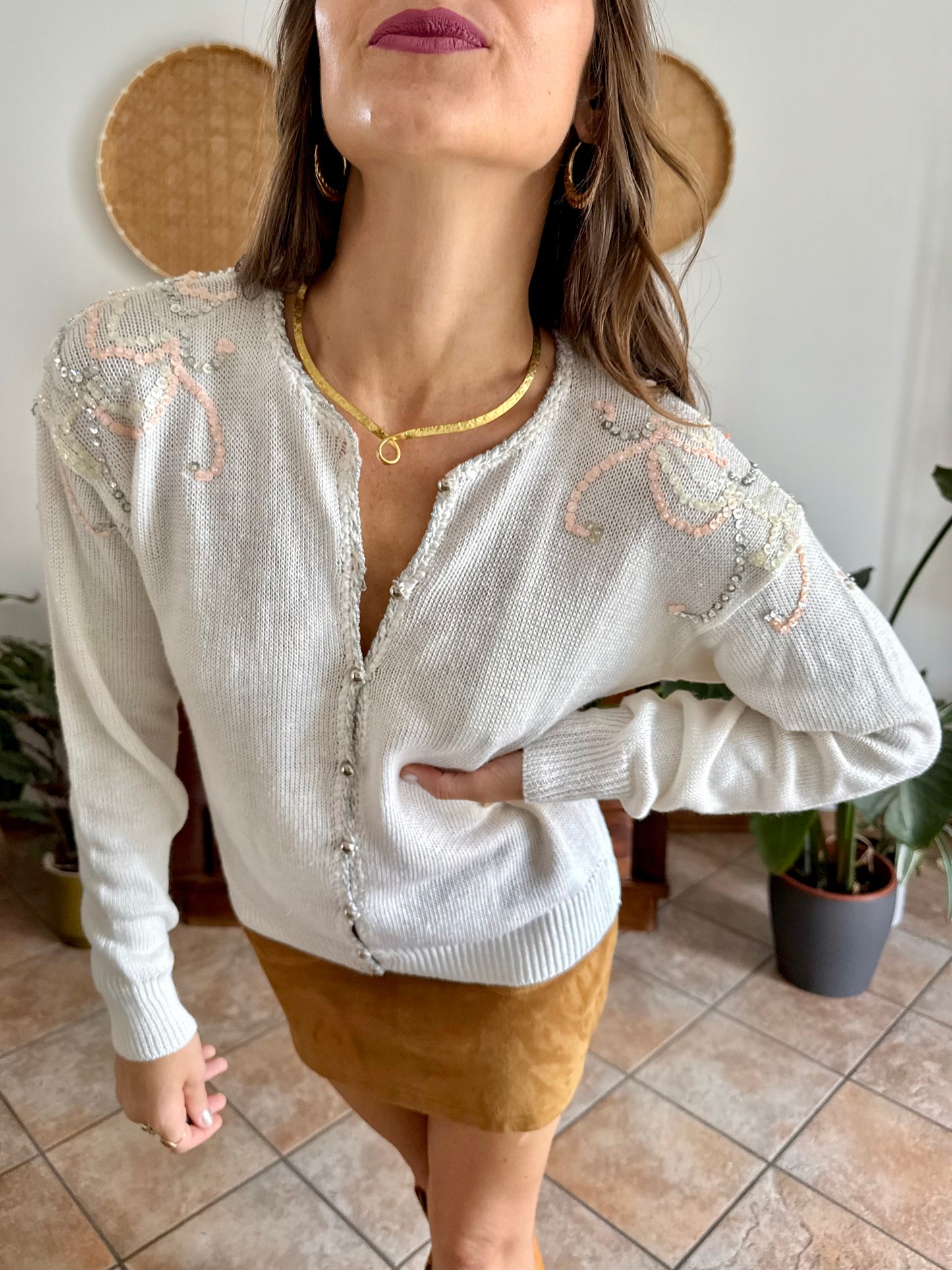 1980's vintage white knit cardigan with silver and pink sequin detailing
