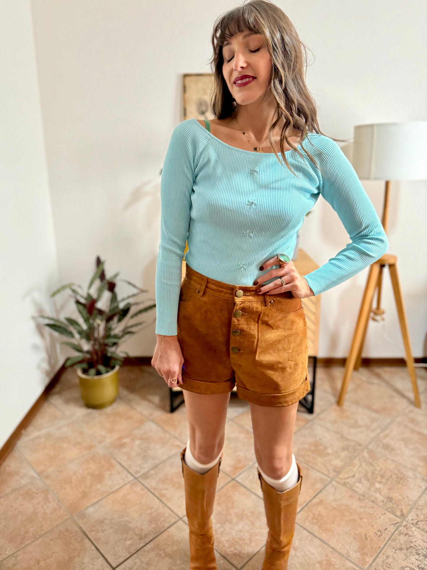 Y2k vintage light blue ribbed knit long sleeve top with glass bead and rhinestone detailing