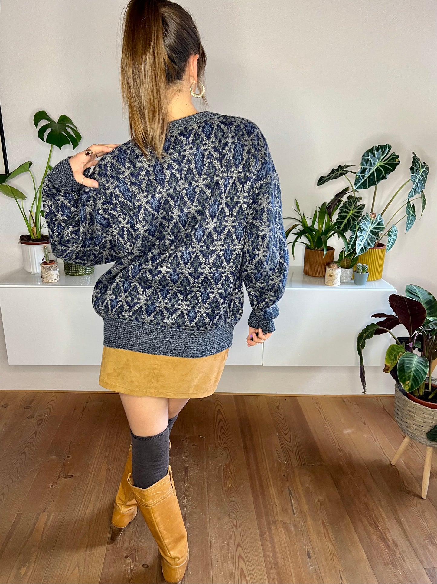 1980's vintage blue and grey geometric knit pullover with pocket detail