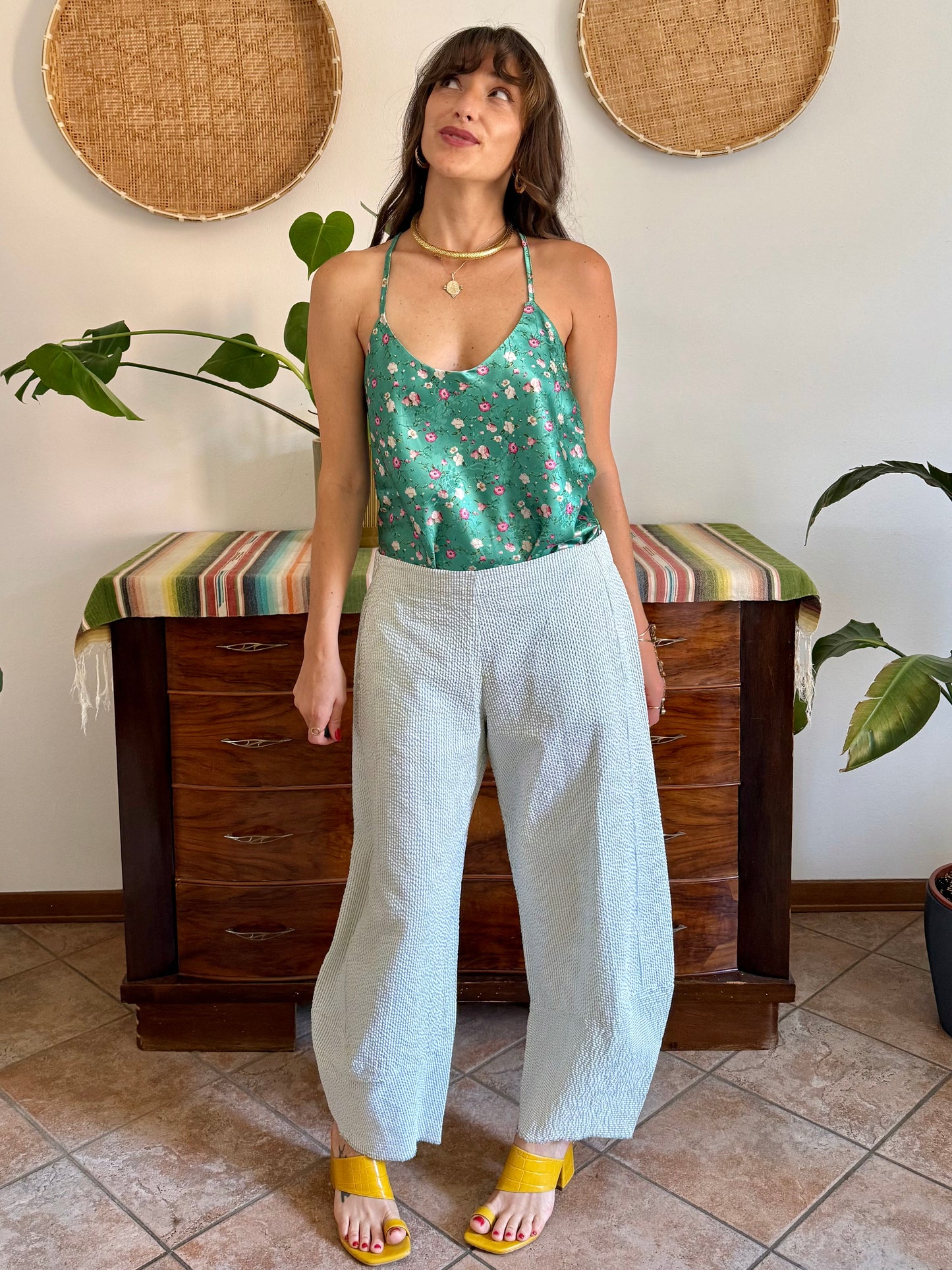 Mint green and white vertical stripe seersucker barrel pants
