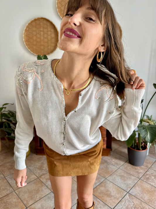 1980's vintage white knit cardigan with silver and pink sequin detailing
