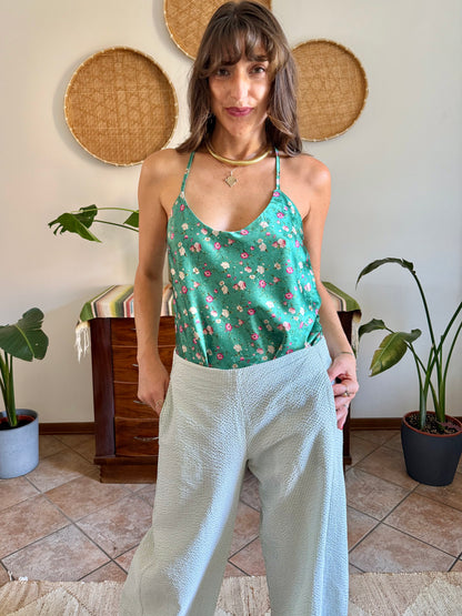 Y2k vintage green and pink floral satin textured blouse