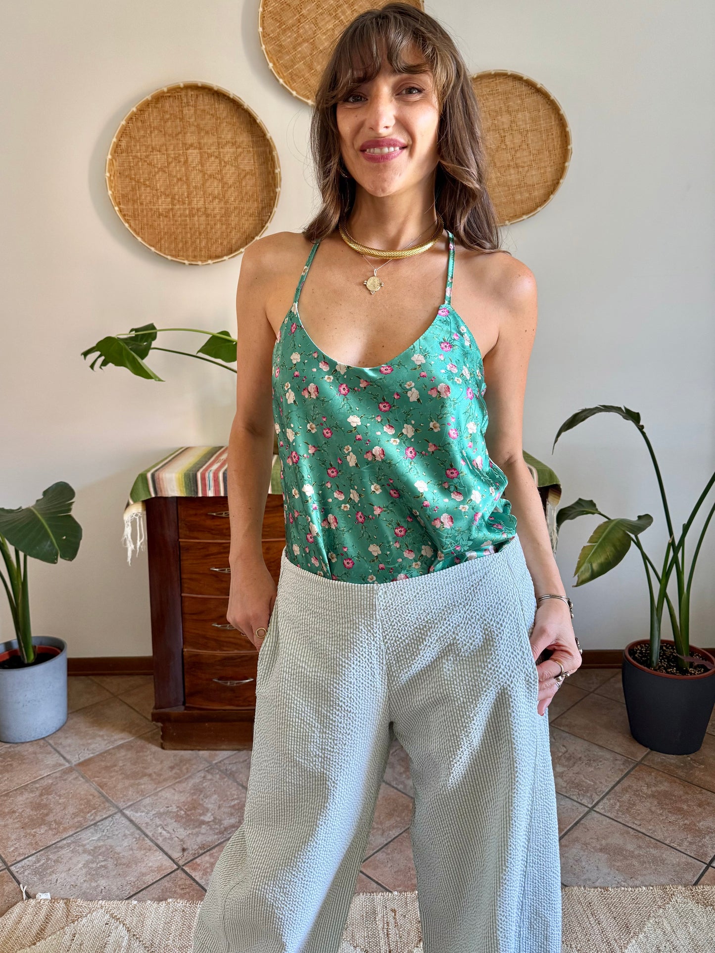 Y2k vintage green and pink floral satin textured blouse