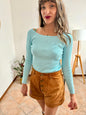 Y2k vintage light blue ribbed knit long sleeve top with glass bead and rhinestone detailing
