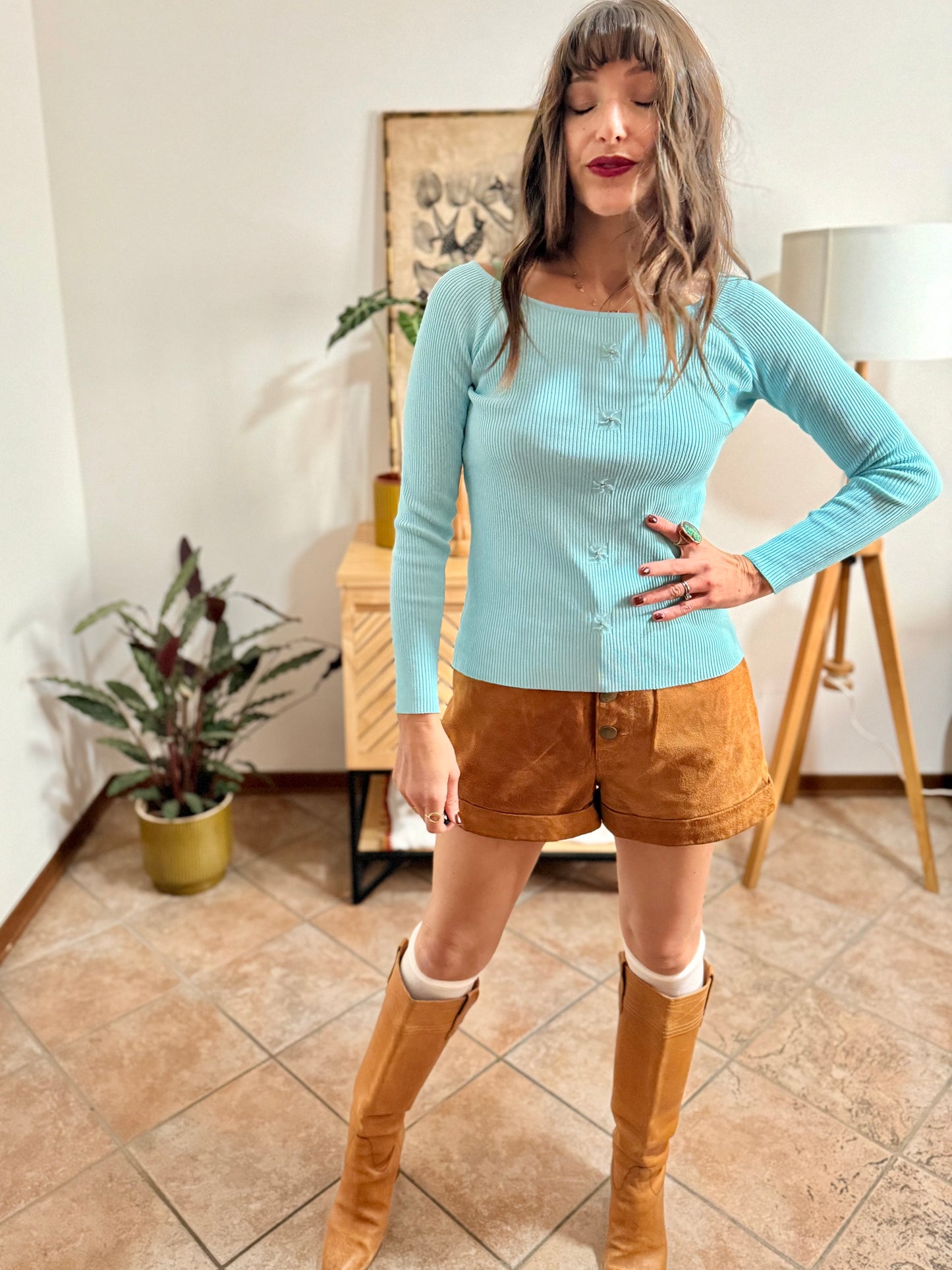 Y2k vintage light blue ribbed knit long sleeve top with glass bead and rhinestone detailing