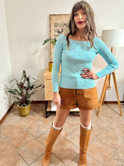 Y2k vintage light blue ribbed knit long sleeve top with glass bead and rhinestone detailing