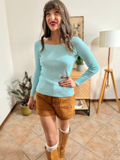 Y2k vintage light blue ribbed knit long sleeve top with glass bead and rhinestone detailing