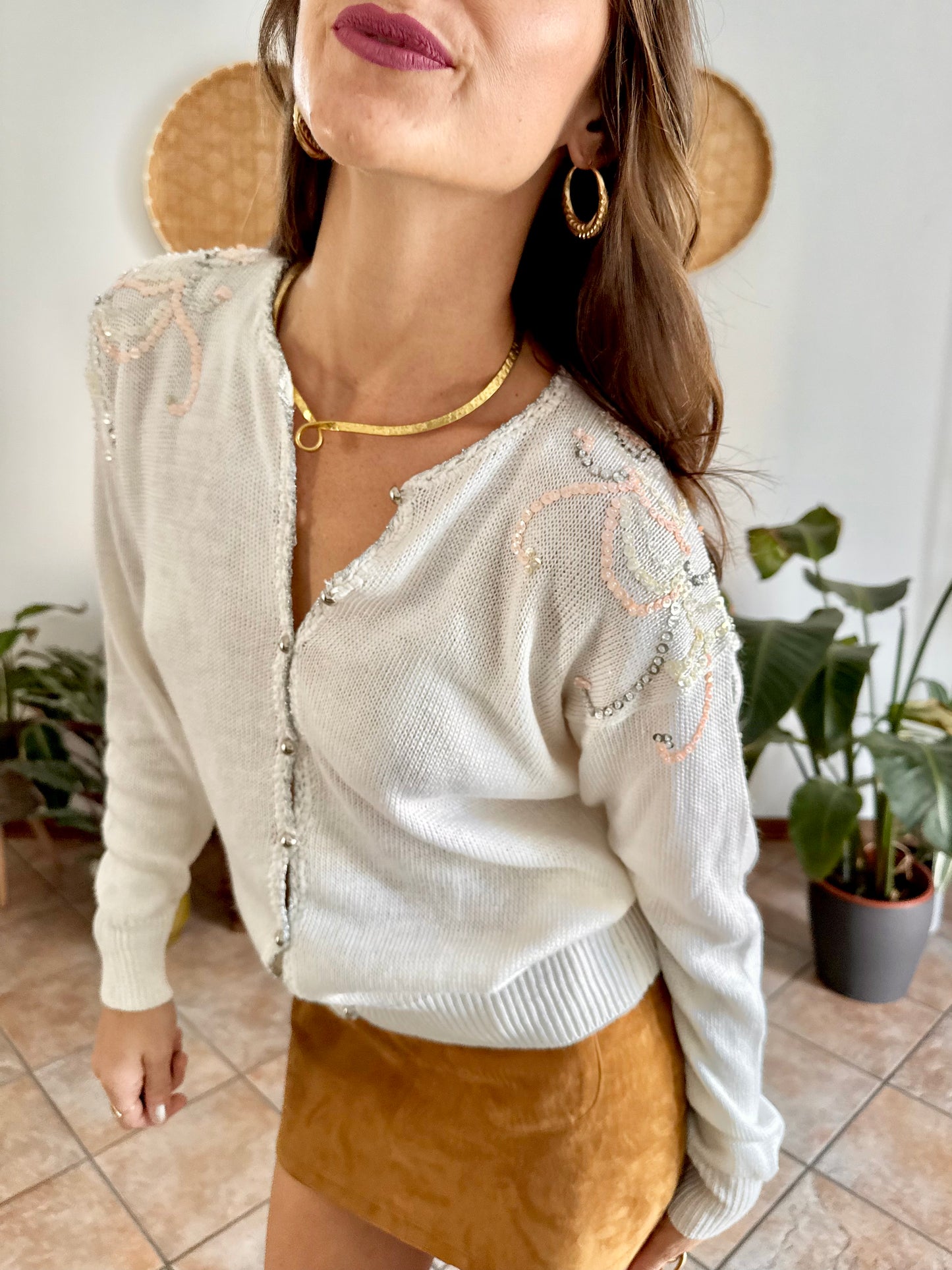 1980's vintage white knit cardigan with silver and pink sequin detailing