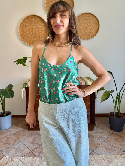 Y2k vintage green and pink floral satin textured blouse