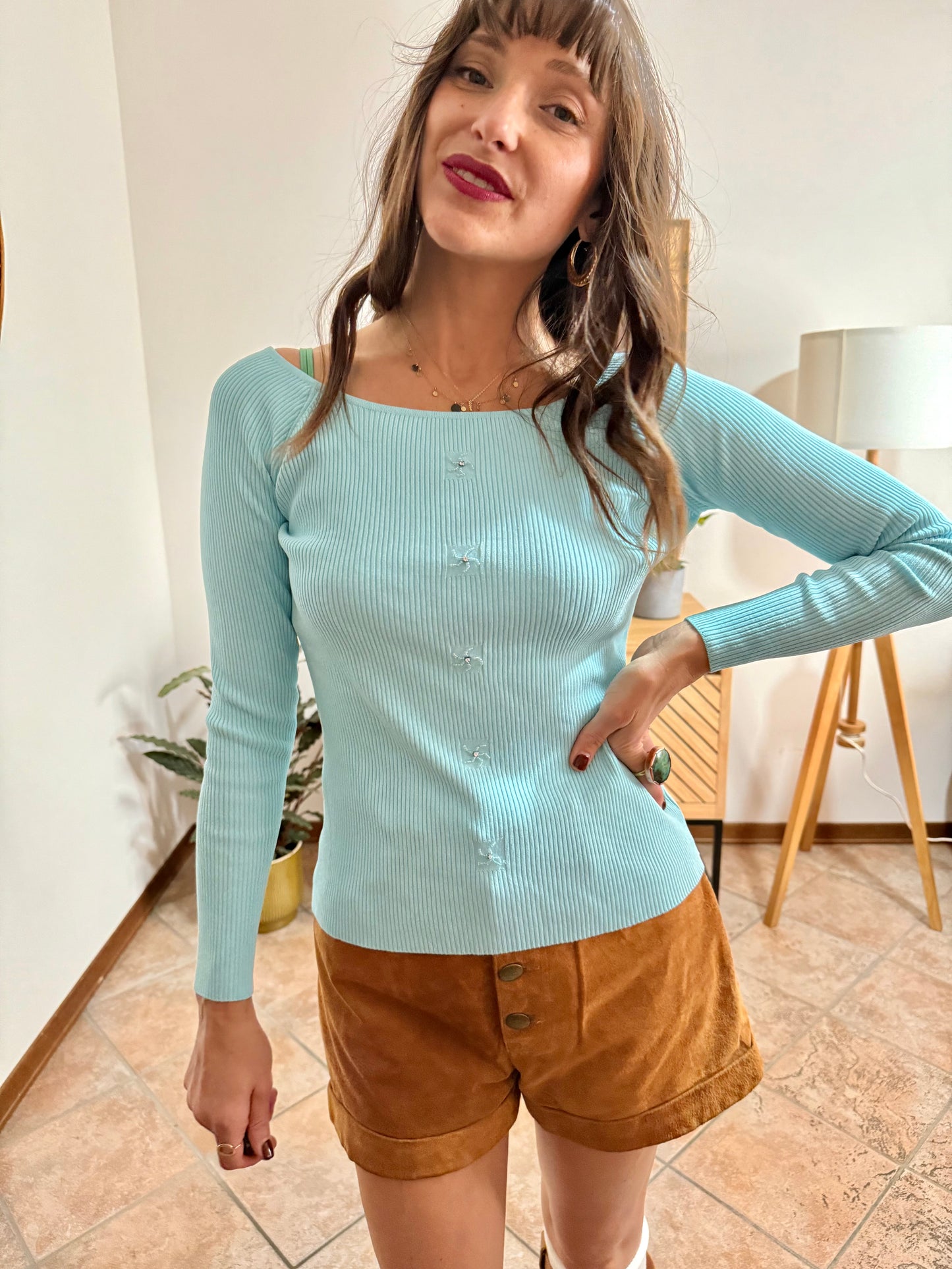 Y2k vintage light blue ribbed knit long sleeve top with glass bead and rhinestone detailing
