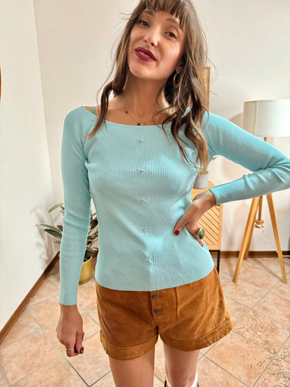 Y2k vintage light blue ribbed knit long sleeve top with glass bead and rhinestone detailing
