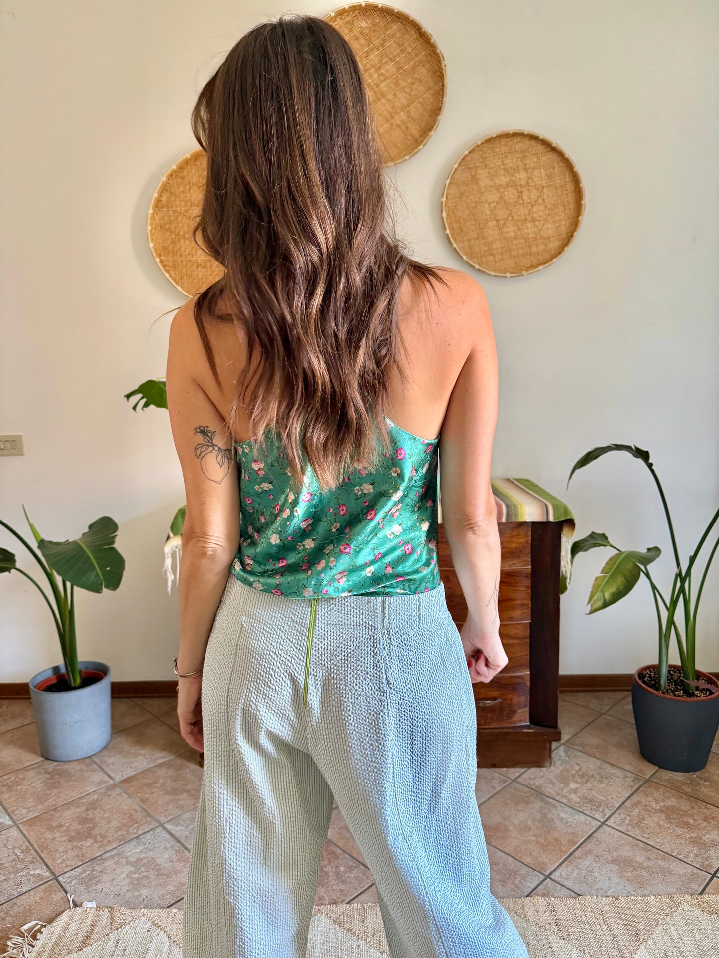Y2k vintage green and pink floral satin textured blouse
