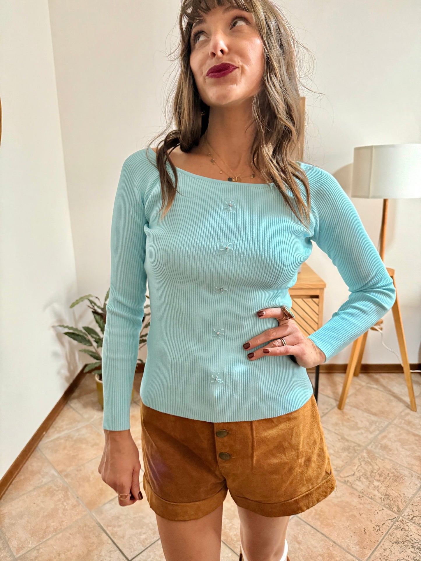 Y2k vintage light blue ribbed knit long sleeve top with glass bead and rhinestone detailing