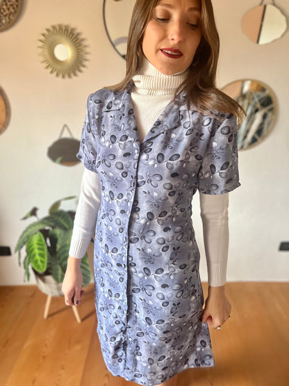 1990's vintage grey and navy blue floral print dress