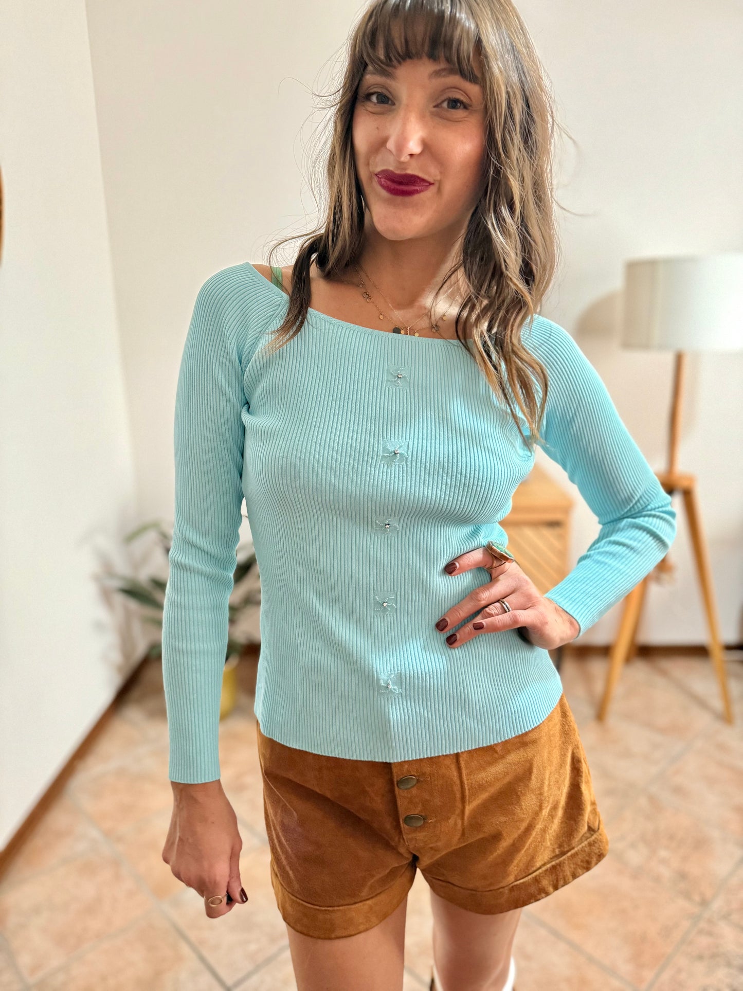 Y2k vintage light blue ribbed knit long sleeve top with glass bead and rhinestone detailing