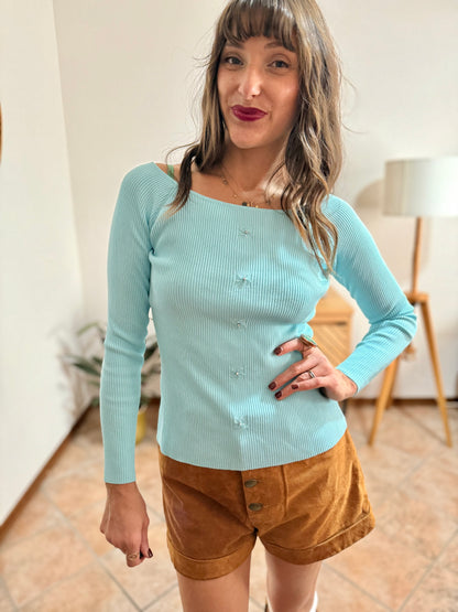 Y2k vintage light blue ribbed knit long sleeve top with glass bead and rhinestone detailing