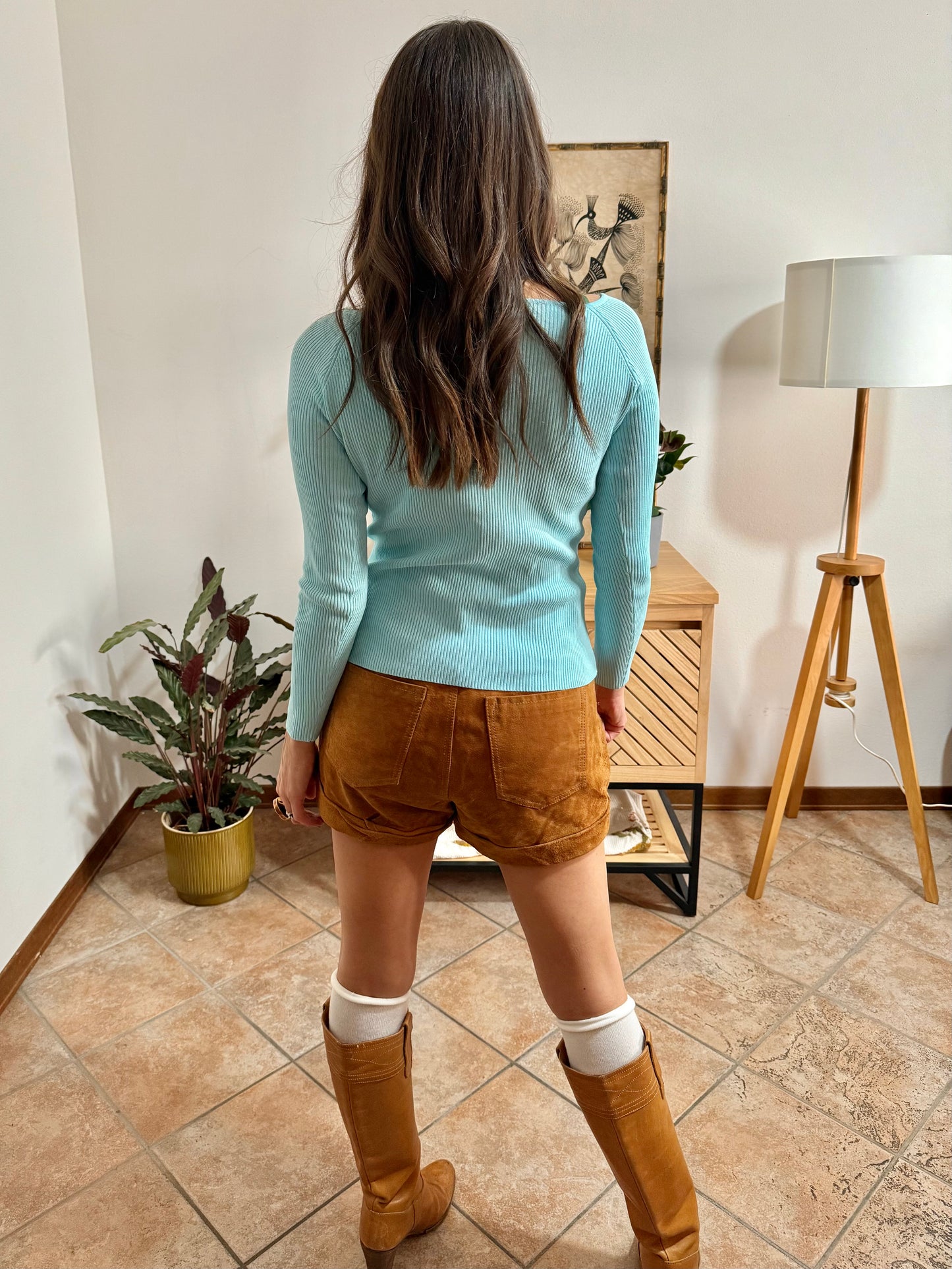 Y2k vintage light blue ribbed knit long sleeve top with glass bead and rhinestone detailing