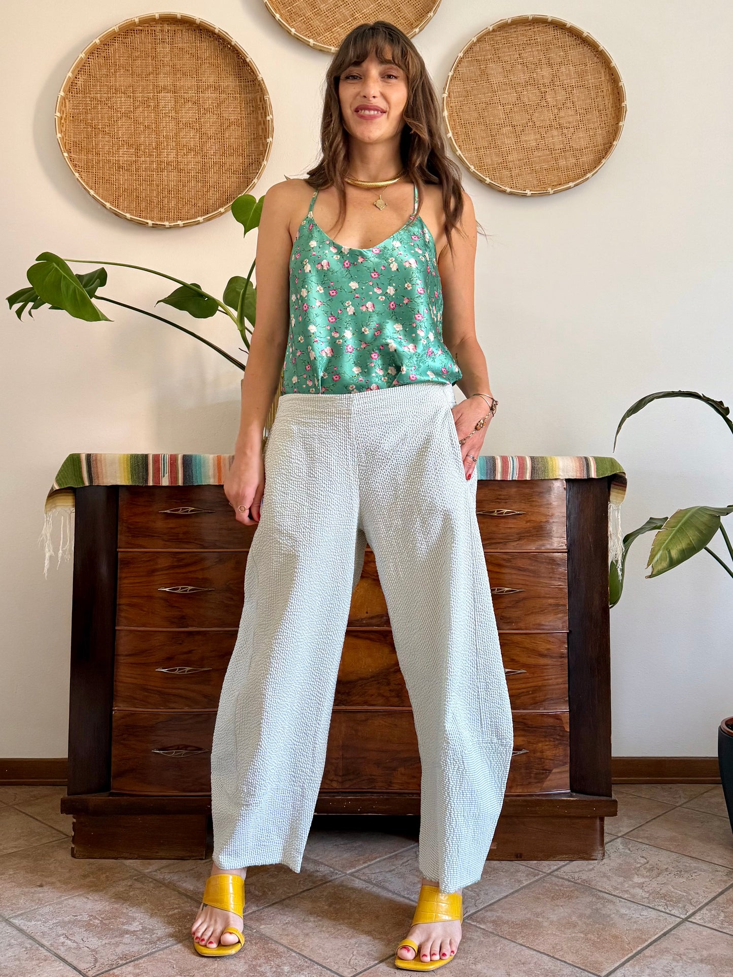 Mint green and white vertical stripe seersucker barrel pants