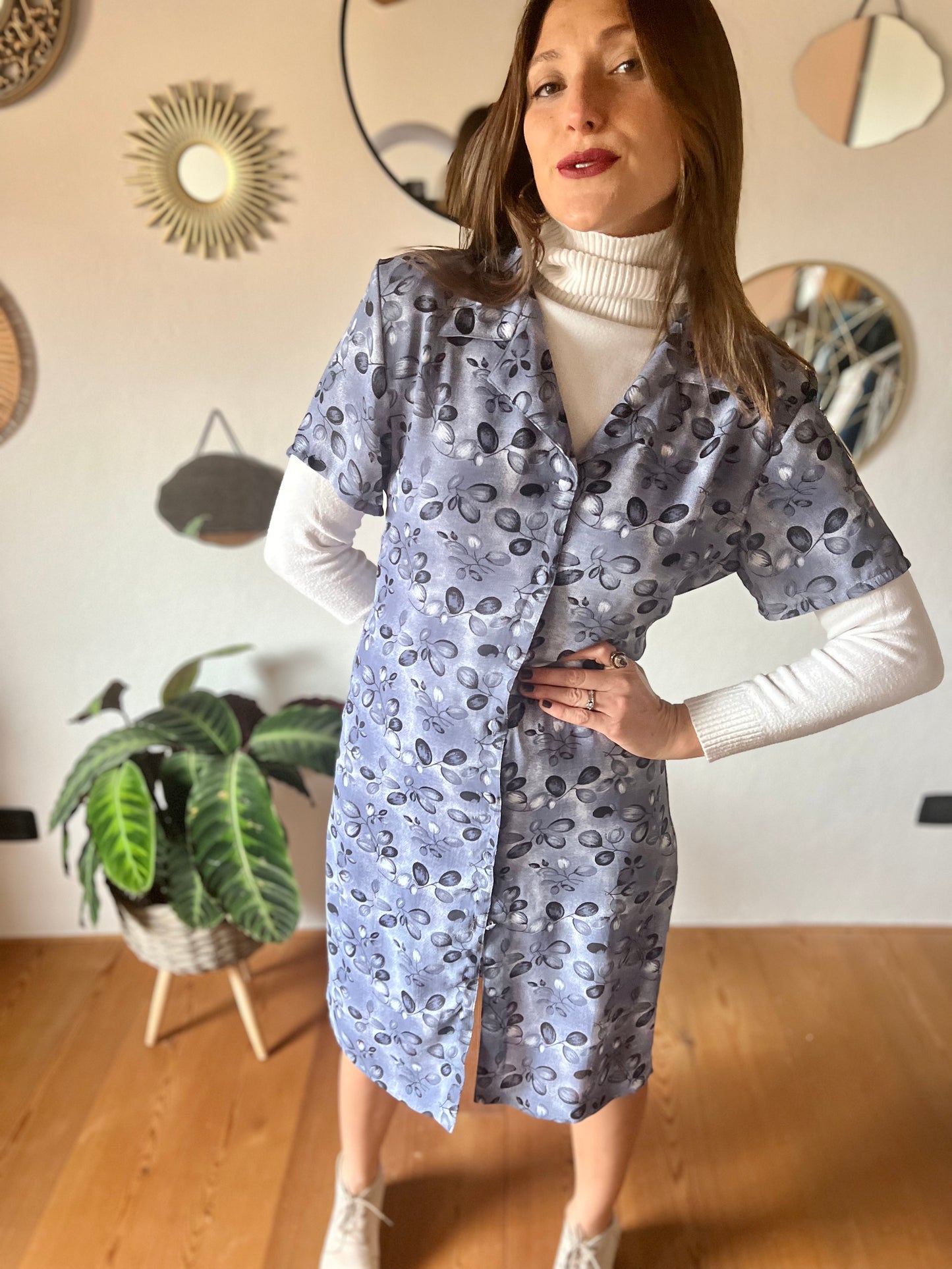 1990's vintage grey and navy blue floral print dress