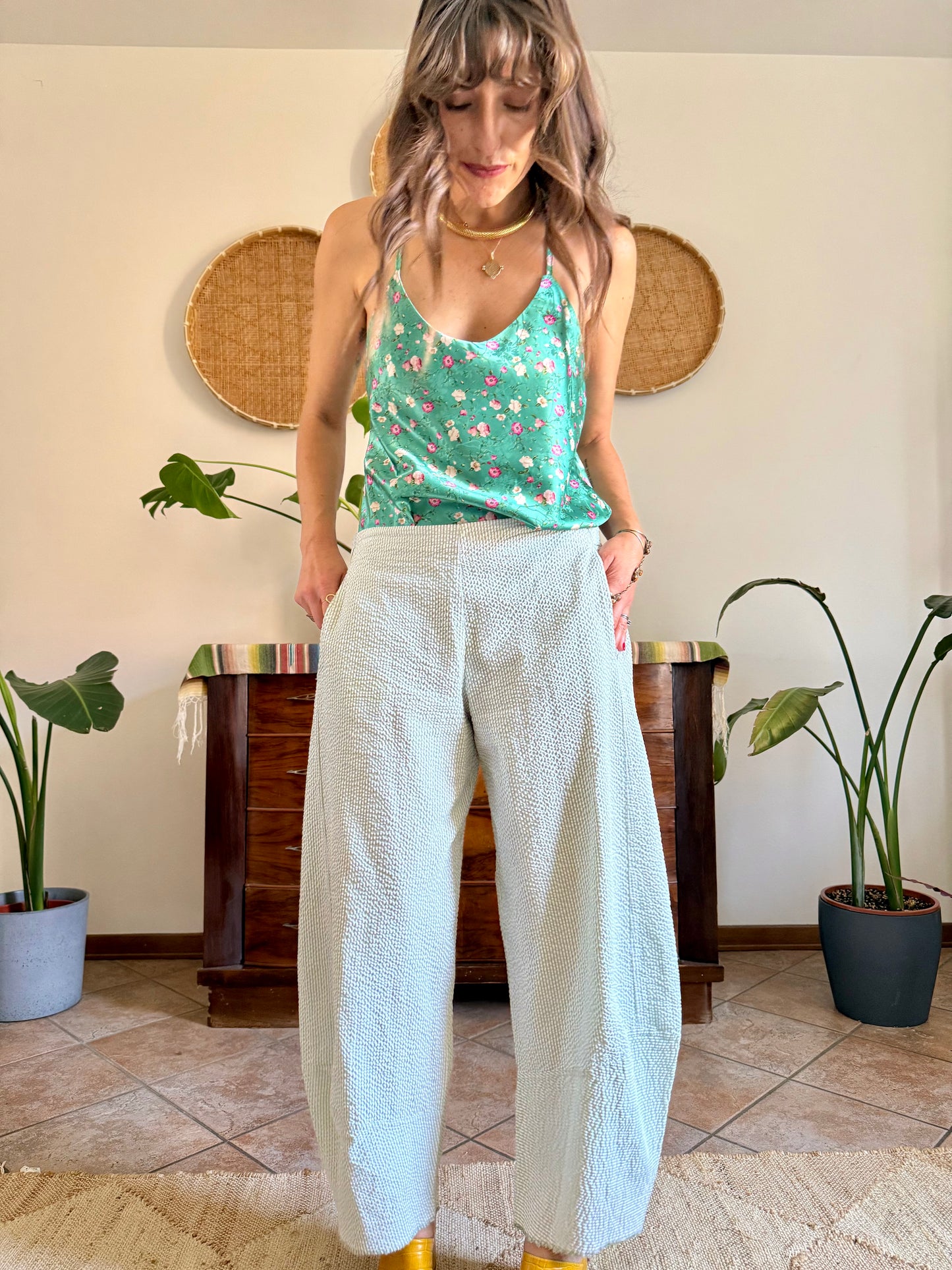 Mint green and white vertical stripe seersucker barrel pants