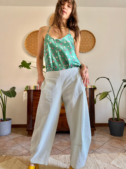Mint green and white vertical stripe seersucker barrel pants