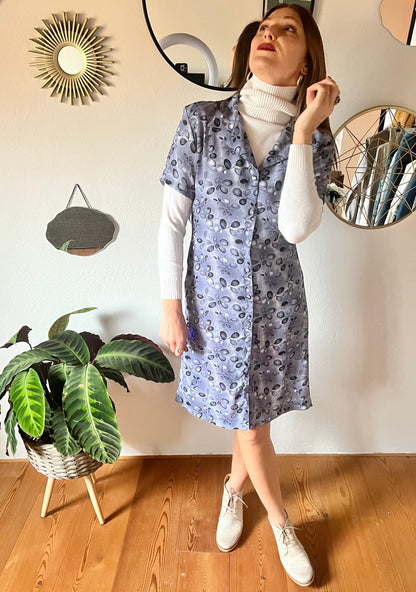 1990's vintage grey and navy blue floral print dress