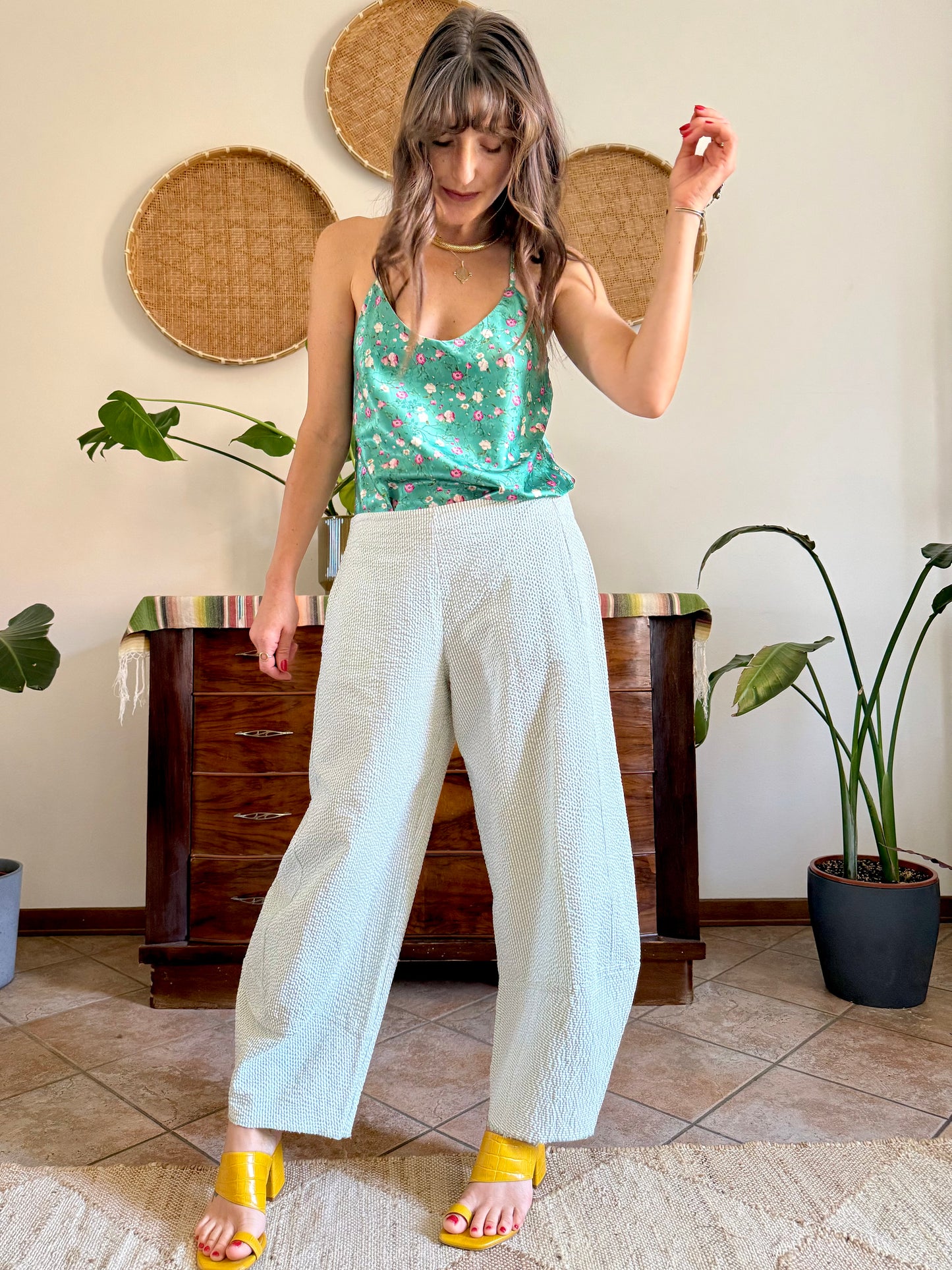 Mint green and white vertical stripe seersucker barrel pants