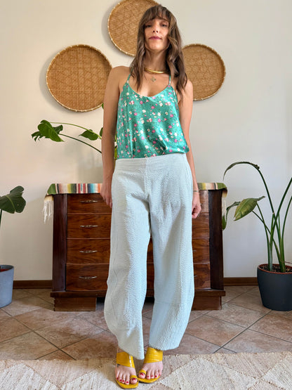 Mint green and white vertical stripe seersucker barrel pants