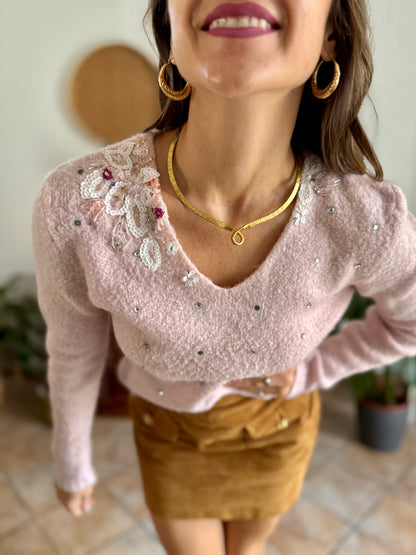 1990's vintage mohair blend powder pink knit pullover with glass bead and sequin floral details