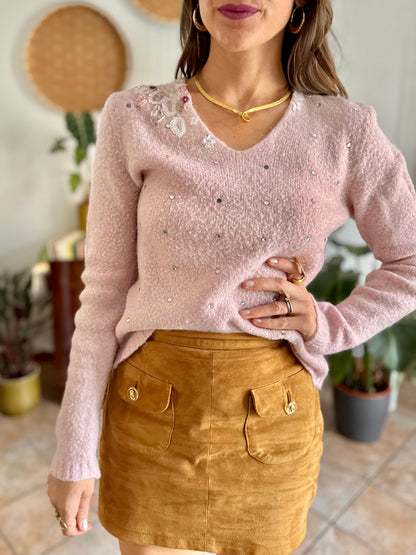 1990's vintage mohair blend powder pink knit pullover with glass bead and sequin floral details