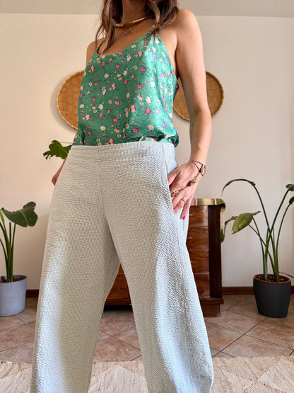 Mint green and white vertical stripe seersucker barrel pants