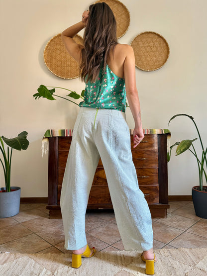 Mint green and white vertical stripe seersucker barrel pants