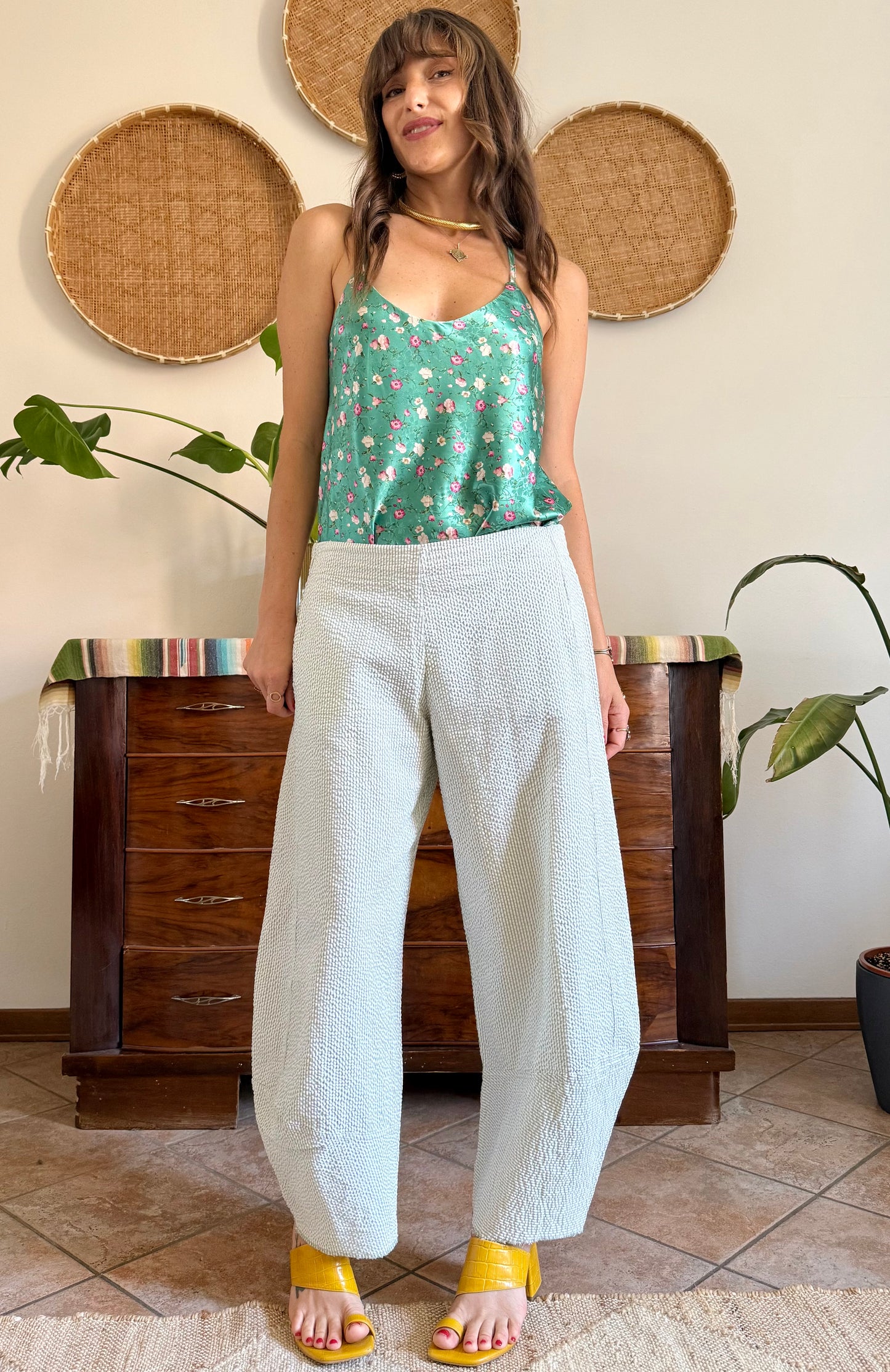 Mint green and white vertical stripe seersucker barrel pants