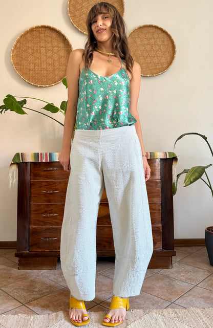 Mint green and white vertical stripe seersucker barrel pants