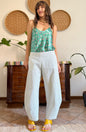 Mint green and white vertical stripe seersucker barrel pants
