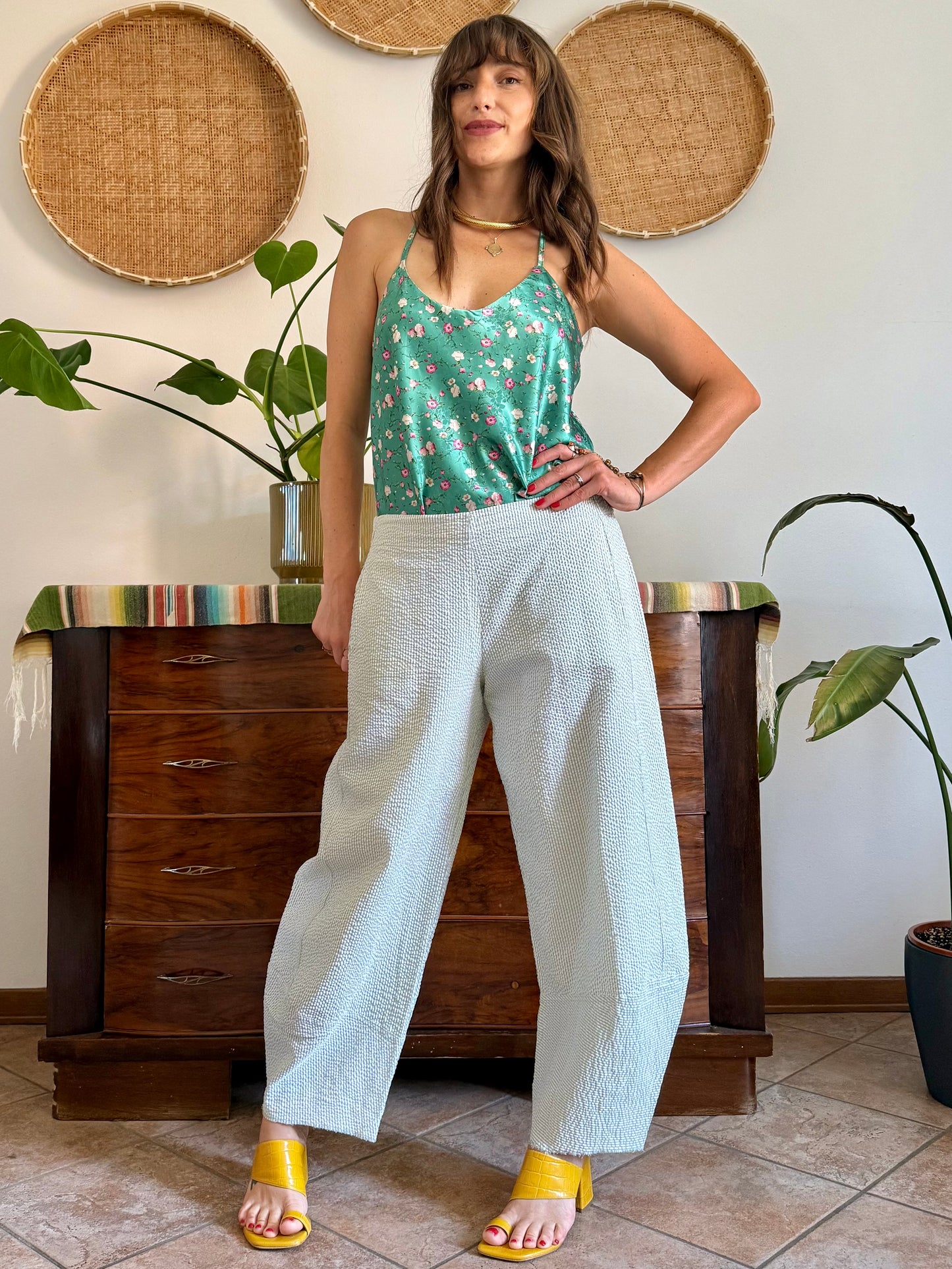Mint green and white vertical stripe seersucker barrel pants
