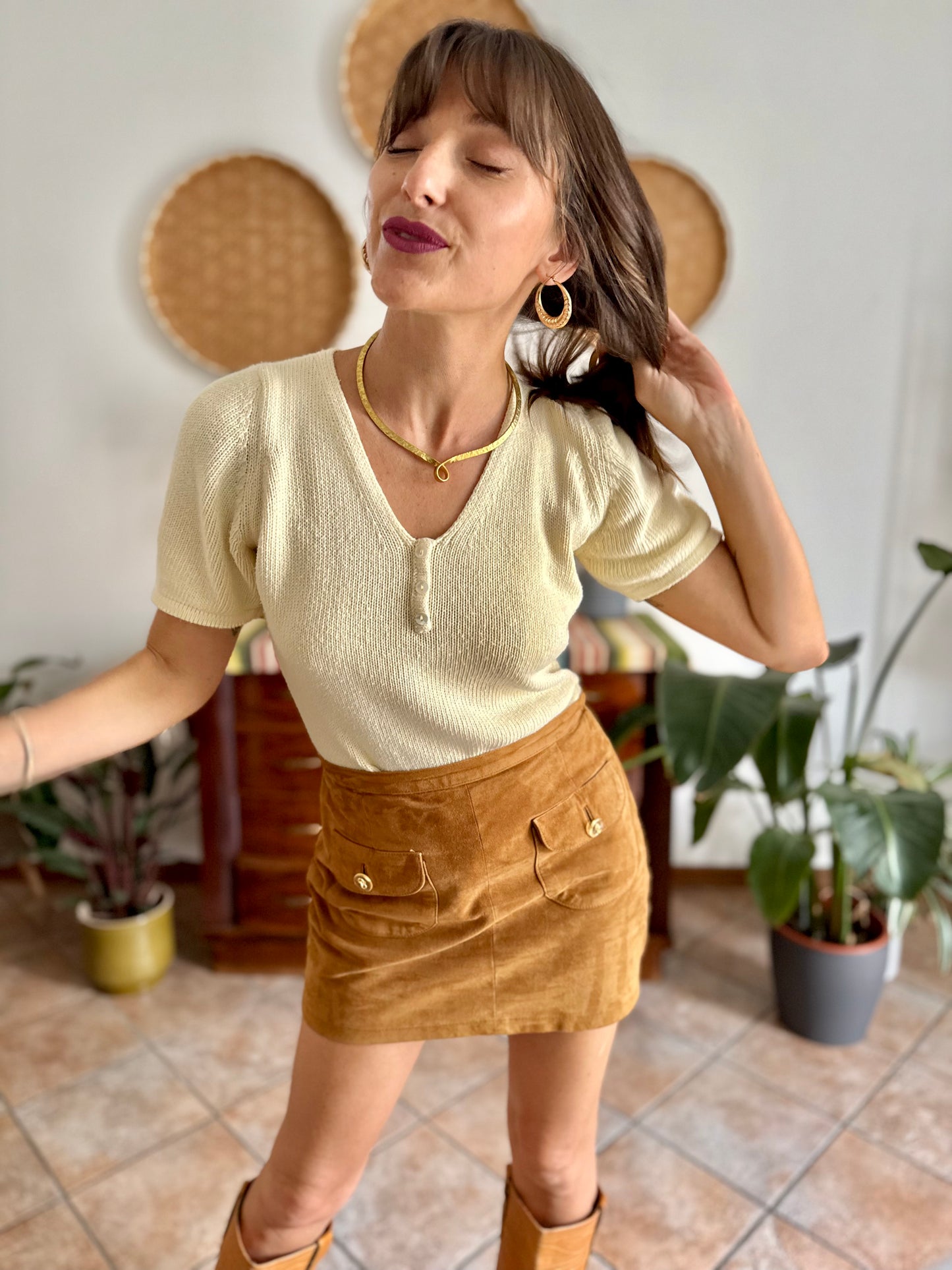 1970's vintage butter yellow knit cotton short sleeve pullover