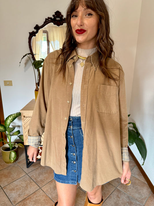 1990's vintage tan corduroy shirt with navy blue , cream and tan plaid cuff details