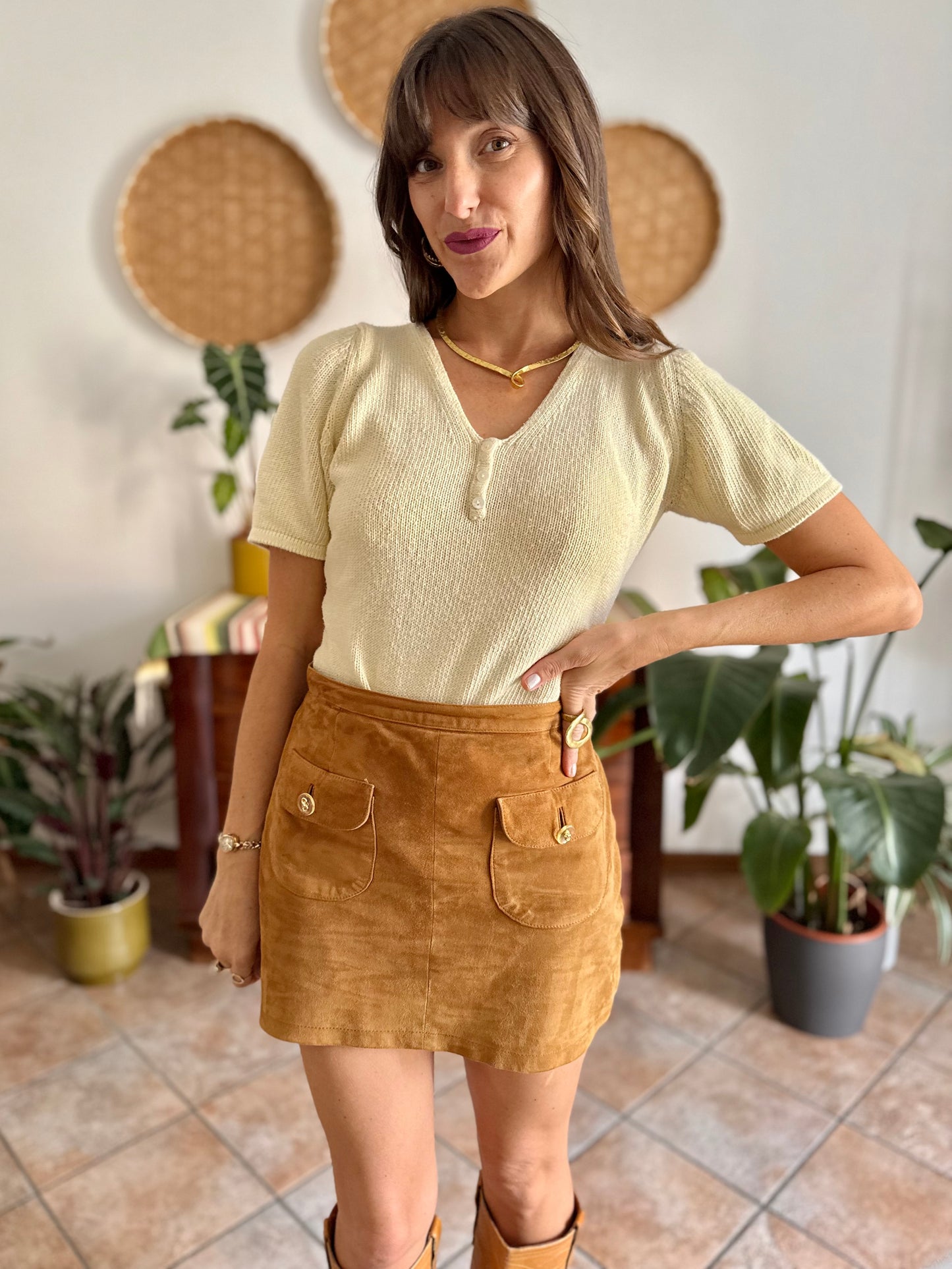 1970's vintage butter yellow knit cotton short sleeve pullover