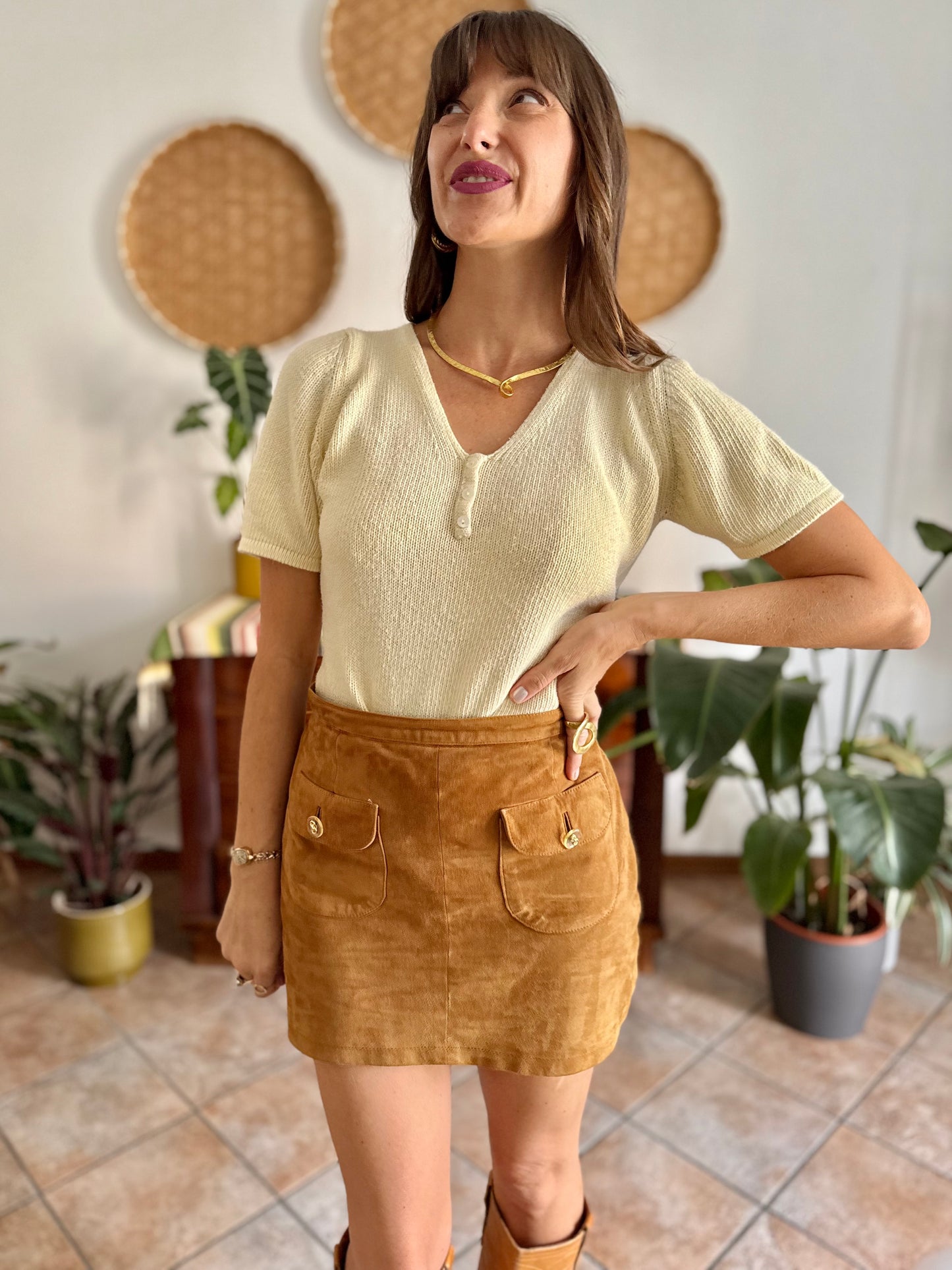 1970's vintage butter yellow knit cotton short sleeve pullover