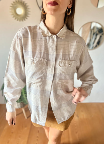 1970's vintage grey and light blue silk plaid blouse