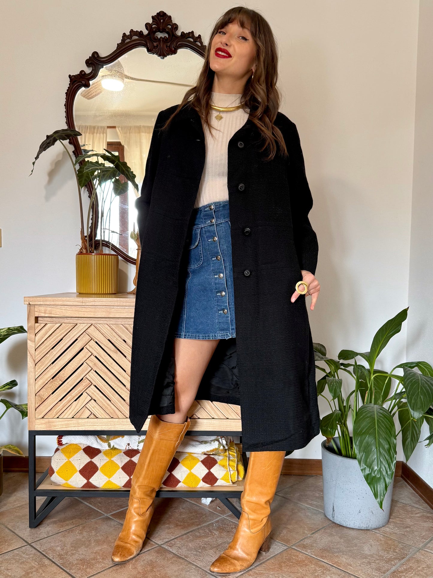 1960's vintage light weight textured black wool coat