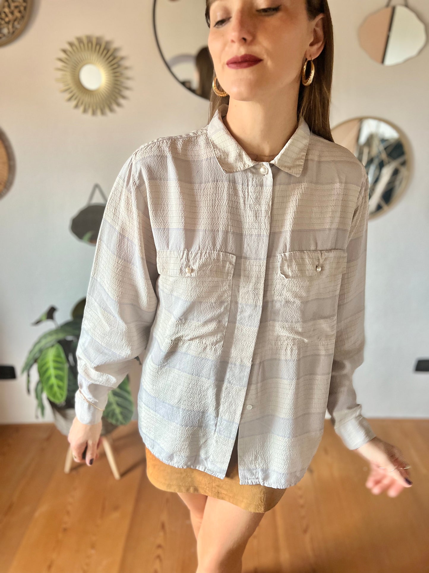 1970's vintage grey and light blue silk plaid blouse