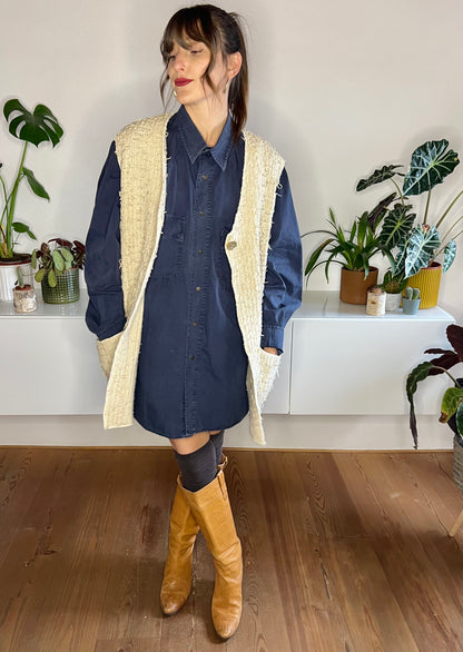 1970's vintage oversize textured knit cream vest with mother of pearl button