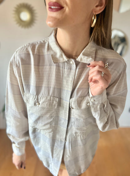 1970's vintage grey and light blue silk plaid blouse