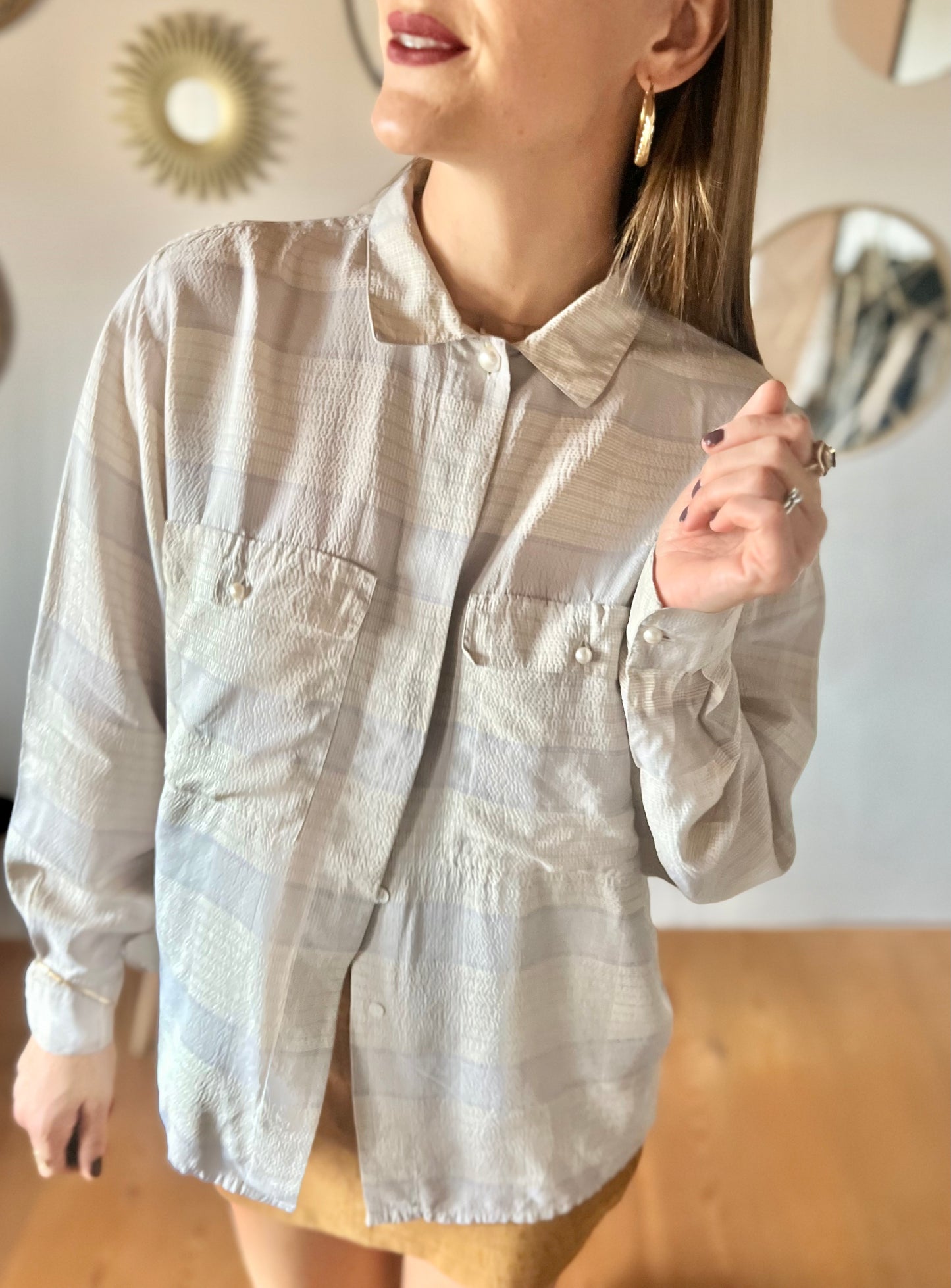 1970's vintage grey and light blue silk plaid blouse