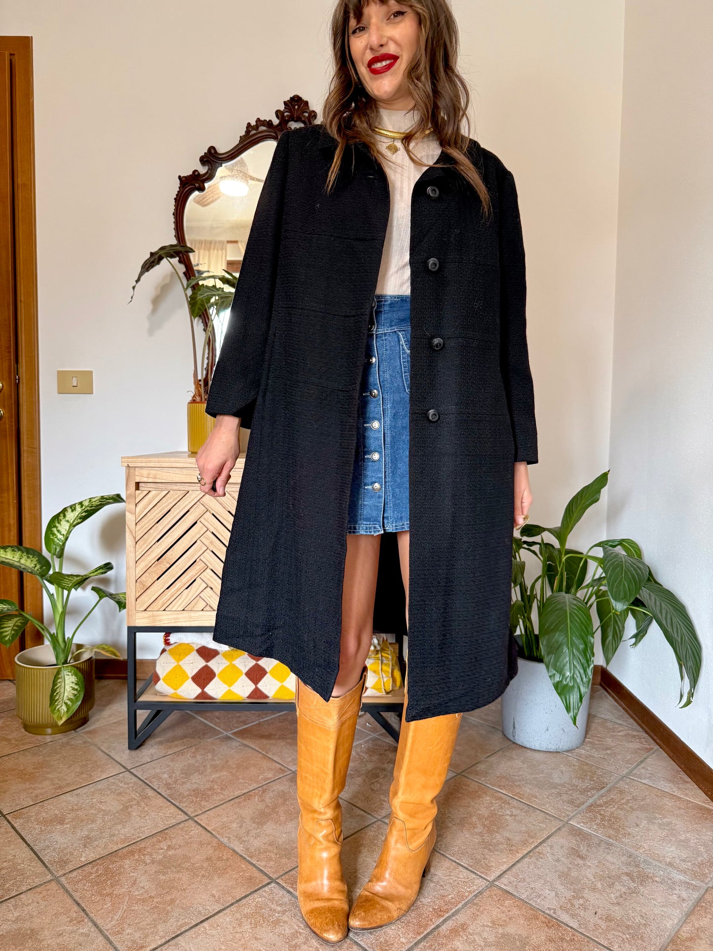 1960's vintage light weight textured black wool coat