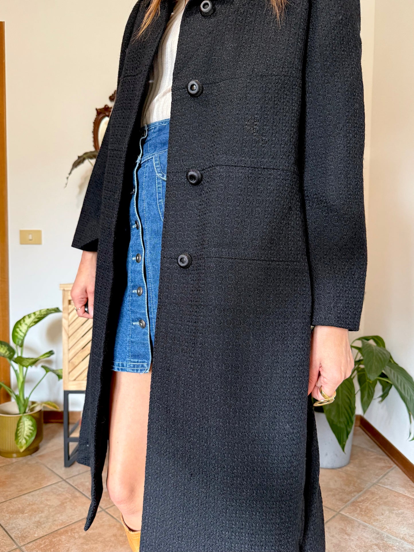 1960's vintage light weight textured black wool coat