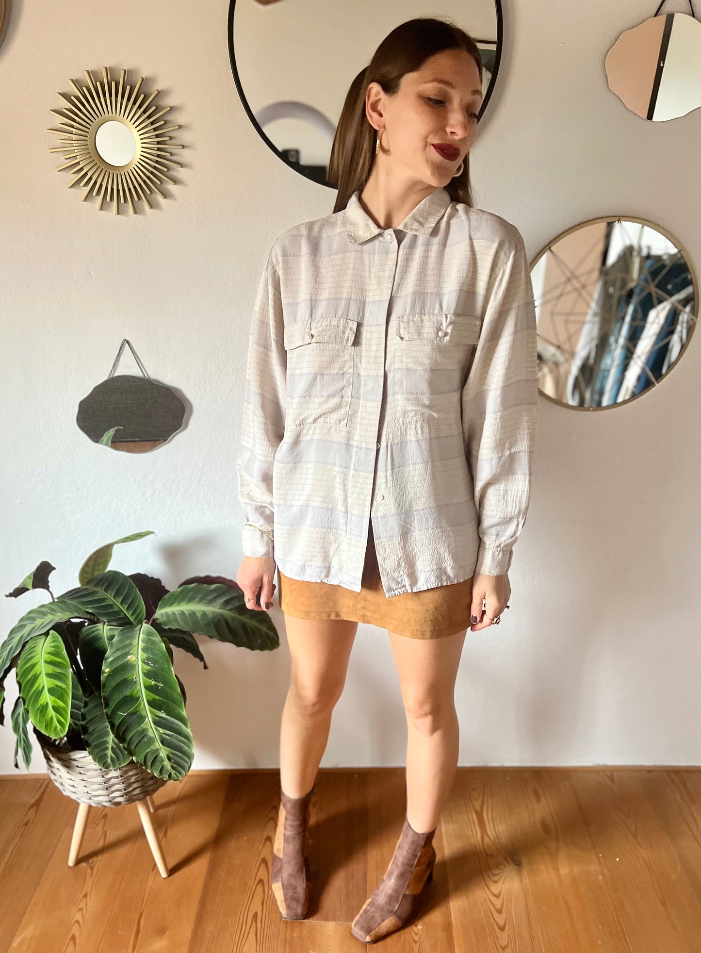 1970's vintage grey and light blue silk plaid blouse