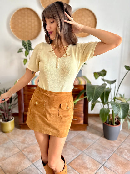 1970's vintage butter yellow knit cotton short sleeve pullover